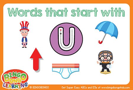 無料アルファベットフォニックスフラッシュカード-U